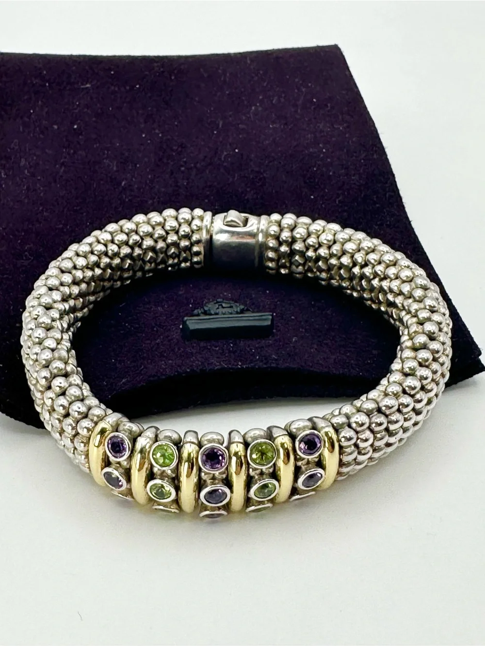 Lagos Caviar Amethyst, Peridot Gemstone Two Tone Central Station Bracelet